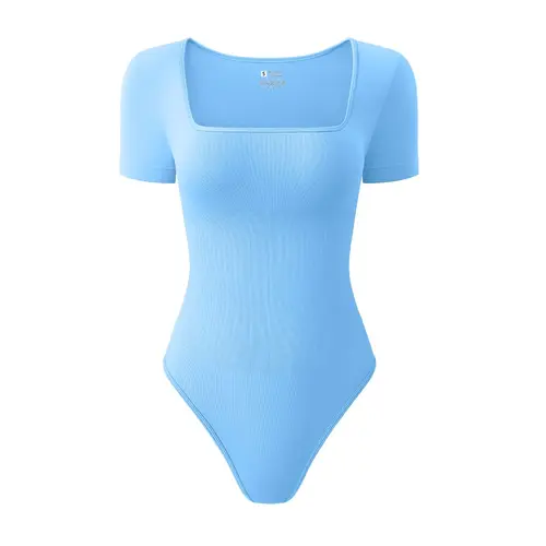 OYV Women's 1 Piece Bodysuits Sexy Ribbed One Piece Square Neck Short Sleeve Bodysuits