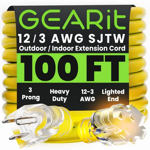 GEARit 100-Foot Heavy-Duty 12/3 SJTW Outdoor Extension Cord, Yellow All-Weather Cord for Indoor & Garden Use, 15A 125V for Power Tools
