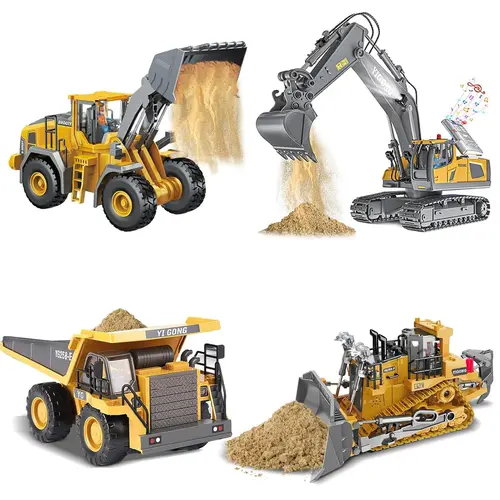 Akeleo 4-Pcs Remote Control Toy Construction Vehicle Set - 11-Channel Excavator, 9-Channel Loader, Dump Truck, Bulldozer, 2.4GHz, Metal Build, Cool Lights, Sound Effects,Children's gifts, birthday gifts,Christmas gift,sohochic