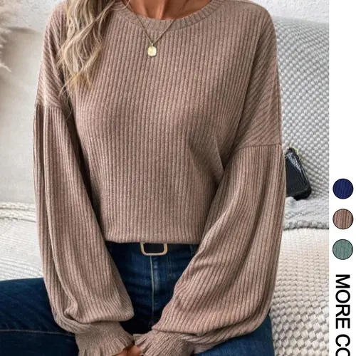 Women's Basic Plain Ribbed Bishop Sleeve Sweater Pullover, Casual Shirred Long Sleeve Round Neck Crewneck Jumper for Spring & Fall, Fashion Women's Knitwear for Daily Wear, Everyday, Womenswear, Tops, Knitting