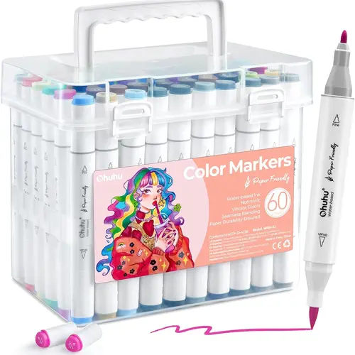 Ohuhu Markers: Brush & Fine Tip - 60 Colors / 120 Colors - Paper-friendly No Peeling Water-based Dual Tips - Coloring Markers for Adult Coloring Books No Bleeding Drawing Pens for Kids Adults Beginner Calligraphy