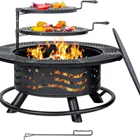 Outvue 36/42/47 Inch Fire Pit with 2 Cooking Grates, Outdoor Wood Burning BBQ Grill Firepit Bowl with Cover Lid, Steel Round Table for Backyard Bonfire Patio Picnic Fire Pit Set