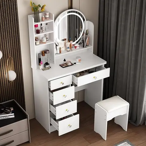 Upgraded Makeup Vanity Set Dresser Desk with 5 Drawers, Light Shelf, Round Mirror with Touch Screen & Cushioned Stool