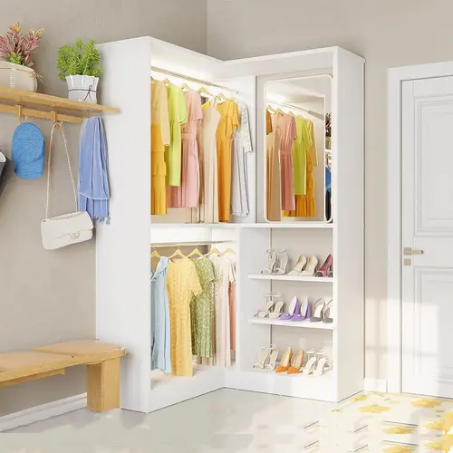 Freestanding Versatile Corner Wooden Wardrobe - Closet Cabinet Organizer, Walk in Closet System, Modern Armoire with 2 Hanging Rods, 6-Level Adjustable Storage Shelves, Heavy-Duty Load, Freestanding for Easy Moves, Small Room Ideas