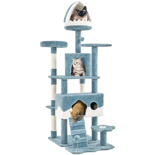 Yaheetech Modern Ocean-Themed Wave Cooling Multi-Levels Plush Cover Cat Tree (45.5/61/72.5 inches, 19in L × 19in W, Foam), Plush Cat Tower with Kitten Condo, Sisal Scratch Post, Perches & Vertical Scratcher, Particle Board Construction