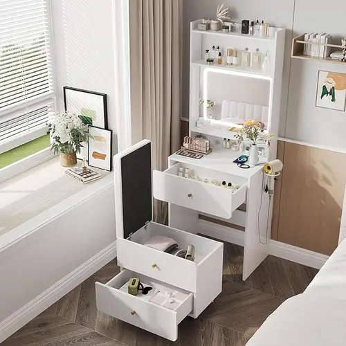 [tiktokshopbacktoschool] Vabches Make Up Vanity Desk with Mirror and Lights, White/Pink Vanity Table Set with Charger Station,Girls Small Vanity Vanity Desk Furniture Vanity Makeup Table Vanity Desk Design White Makeup Vanities, Makeup Vanity, Storage
