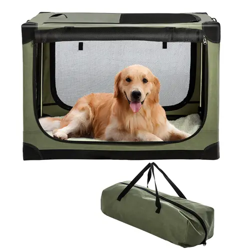 Collapsible Travel Dog Crate, 4-Door Foldable Portable Soft Kennel for Medium-Large Pets Up to 60 lbs with Durable Mesh & Storage Bag, Green/Black/Grey Animal Carrier