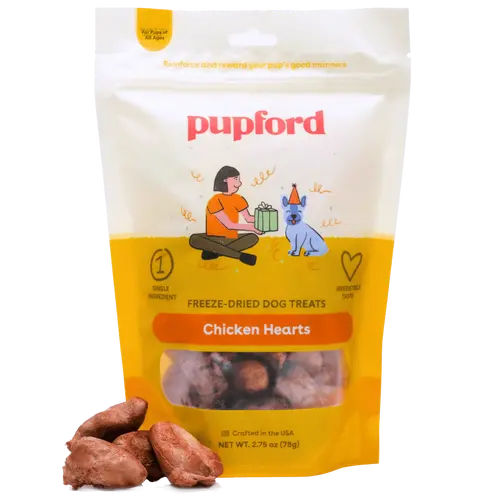 Pupford Freeze-Dried Chicken Hearts - Single Unit, 2.75 oz, USA-Made, Nutrient-Rich Treats for Dogs, High Protein