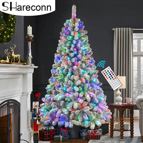 SHareconn 2026 Upgraded RGB Lights 4/5/6/7.5/8/9/12FT, Pre-Lit PVC+PE Flocking Christmas Tree - Classic Irregular Shape, Eco-Friendly Color Changing Snow Flocking, Deluxe Hinged Design, Remote Control, RGB Mood Lighting, Home Festive Decor