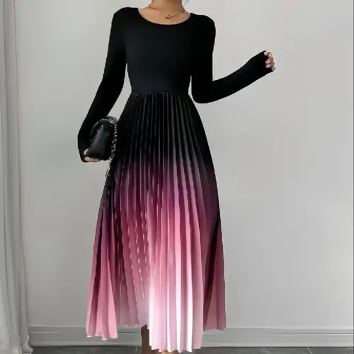 Women's Ombre Print Pleated A Line Dress, Elegant Long Sleeve Round Neck Midi Dress for Party Holiday Wedding Guest, Ladies Clothes for All Seasons, Wedding Attire, Elegant Dresses