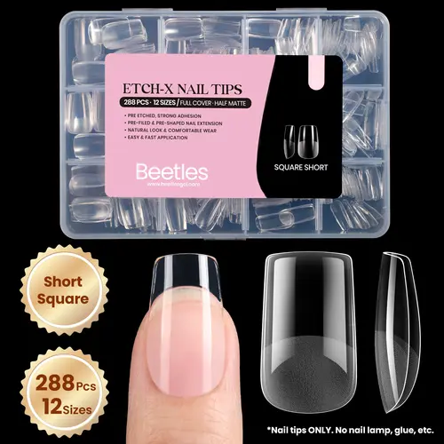 Beetles Pre-Shaped Gel Nail Tips, Full-Cover Press-On Nail Extensions, Short Square 12 Sizes 288 Pcs, Gel Extension Supplies for DIY & Manicure at Home, Gift for Women