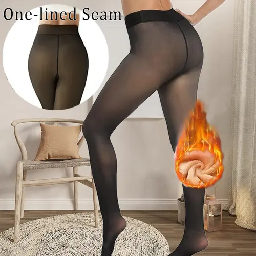 Fleece Lined Tights One lined Seam,Fleece Lined Leggings Women,Sheer Fake Translucent Winter Thermal Pantyhose Opaque Warm Thick High Waist Leggings,Warmer,Womenswear,Minimalist,Underwear,Comfort,Basic