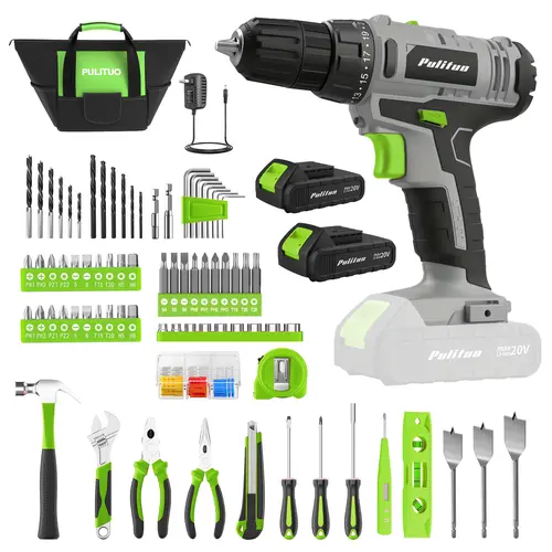 PULITUO 20V Wireless Drill Set, Cordless Driver Full Kit with 2x1.5Ah Batteries, 30Nm High Torque Handheld Rotary Drill, 2-Speed, 3/8" Keyless Chuck, LED Lights, Durable Pliers, Multifunctional for DIY/Metal Use, Father's Day Gifts, Diy Power Tools