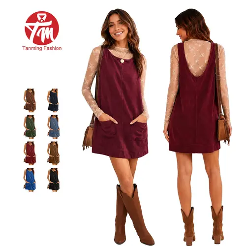 Tanming Women's Fitted U-Back Corduroy Overall Dress, Round Neck A Line Skirtall Jumper Mini Dress Pinafore with Pockets