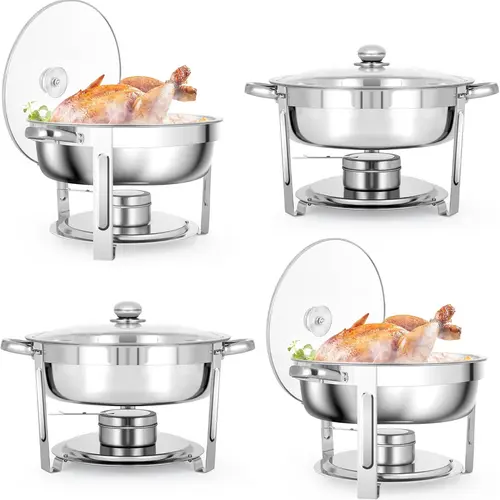 Rengue 6 QT Chafing Dishes, 4 Pack Premium Stainless Steel Complete Set, Round Chafing Dish Buffet Set, Heating and Cooling Chafing Dish for Gatherings Banquets, Buffets, Parties, Weddings