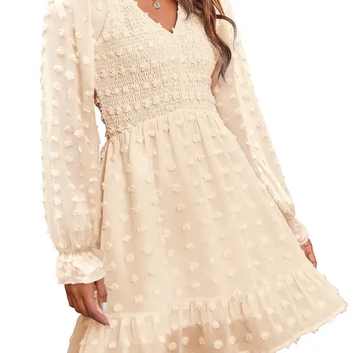 BTFBM Women's V-Neck Swiss Dot Ruffle Chiffon Mini Dress - Long Sleeve Flowy Casual Summer Fall Dresses #Outdoorfun