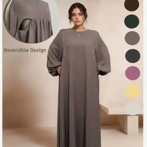 Women's Casual Loose-Fit Woven Dress, Round Neck, Long Sleeves, Solid Color Balloon Sleeve Design, Zipper, Thin Fabric, All-Season Wearable, Womenswear, Garment, Piece
