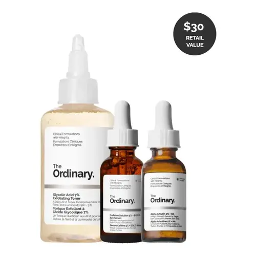 The Ordinary The Bright Set, 3-Step Regimen for Radiant, Even Skin Tone with Glycolic Acid 7% Exfoliating Toner, Alpha Arbutin 2% + HA, and Caffeine Solution 5% + EGCG | Skin Care Set