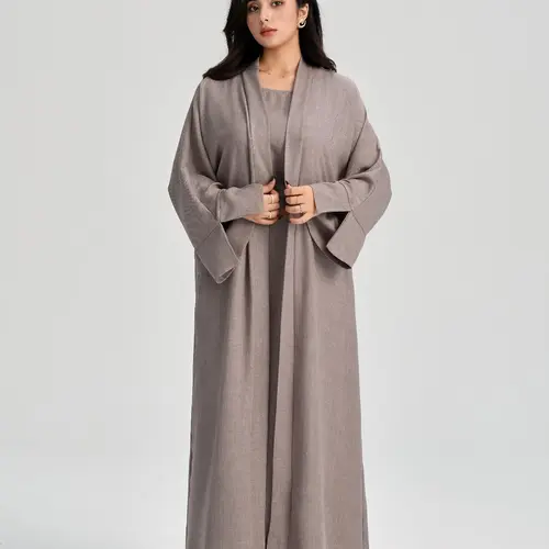Women's Solid Color Belted Abaya & Dress Two-piece Set, Casual Long Sleeve Open Front Outerwear & Dress Set, Modest Muslim Outfits, Ladies Islamic Clothing, Islamic Modesty Clothes, Modesty Muslim Clothing for All Seasons