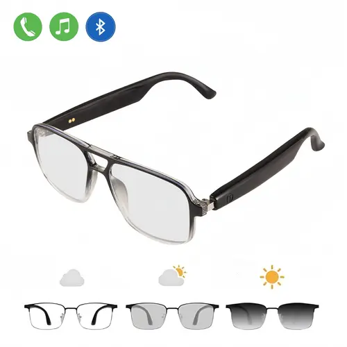 Bluetooth Smart Glasses - Wireless Audio, Photochromic Lenses, UV Protection Metal Frame, Surround Sound, Microphone, Music Player, Eye Care, Android Compatible, Unisex Fathersdaygift, Bonus Pouch, Charging Cable, Batteries, Cleaning Cloth