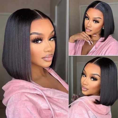 Bangjazz Human Hair Lace Front Wigs BoB 180% Density Virgin Human Hair Blunt Cut BoB Wigs Straight BoB Wigs Human Hair Natural Color