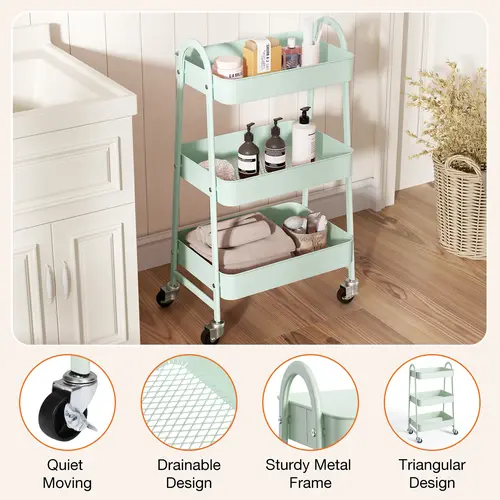 【Deal】SweetFurniture Durable 3-Tier Freestanding Metal Utility Storage Cart with Locking Wheels, Metal Frame Racks - Home Organizer for Kitchen, Cleaning Supplies