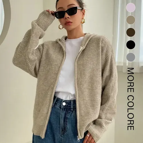 Women's Solid Basic Zip-Up Hooded Sweater Cardigan, Casual Cardigan Top, Casual Fitted Drop-Shoulder Long-Sleeve Everyday Womenswear Cardigan, Women Knitwear Knitting for Fall & Winter Daily Wear