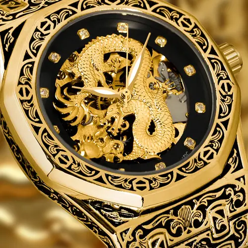 Men's Vintage Dragon Design Mechanical Watch, Fashion Luminous Dial Watch for Party, Daily Decor, Trendy All-match Watch for Birthday Gift with Box, Fashionable Stylish Watch