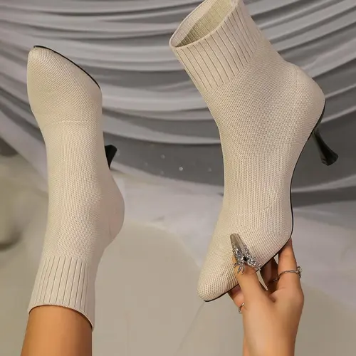 Women's Fashion Pointed Toe High Heels Socks Boots, Pointy Toe Boots, Stretch-knit Ankle Boots with Slimming Fit Design, Booties for Spring Autumn, Gifts for Her, Breathable Comfortable Footwear, Versatile Boots, Casual Warm Boots