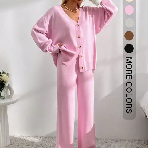 Women's V-Neck Button-Front Drop-Shoulder Cardigan & Elastic-Waist Wide-Leg Pants, 2-Piece Casual Lounge Set for Fall & Winter, Cozy Solid Long-Sleeve Knitwear Loungewear