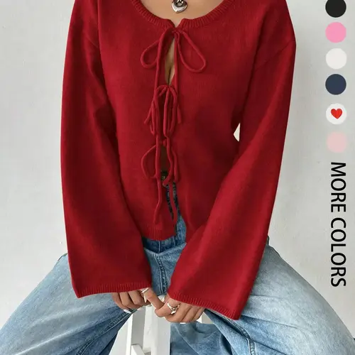 Women's Solid Tie Front Drop Shoulder Cardigan, Casual Basic Long Sleeve Round Neck Jumper for Fall & Winter, Fashion Ladies' Knitwear Tops Fit for Daily Wear, Womenswear, Garment, Piece