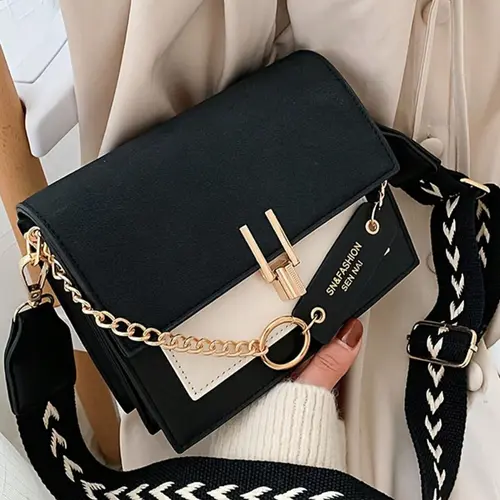 Women's Fashion Colorblock PU Leather Crossbody with Chain Bag, Casual Versatile Chain Decor Shoulder Bag for Daily Used, Trendy All-match Commuter Bag, Fashion Crossbody Bags, Fashionable Crossbody Bag