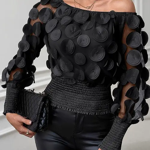 Women's Plain Shirred Sheer Mesh Bishop Sleeve Fitted Blouse, Shirts, Casual Asymmetrical Neck Long Sleeve Top for Everyday Wear, Ladies' Clothes for All Seasons, Womenswear
