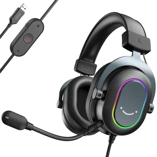 Fifine H6 Wired USB Gaming Headset - Gaming Accessories with Microphone, 7.1 Surround Sound, 3 EQ Modes, RGB Lights, Soft Ear Pads for PCs, Laptops, Headset for Gaming, Streaming Equipment