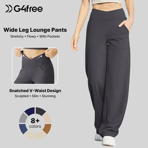G4Free Wide Leg Pants for Women Loose Yoga Pants with Pockets Petite/Regular/Tall Stretch Casual Lounge Pants Comfort Basic Trouser Womenswear Bottom Wideleg Minimalist Baggy Oversize Oversized Breathable Breathable Breathable Breathable