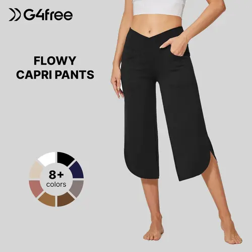 G4Free Women's High Waisted Wide Leg Crossover Capri Pants (21in) - Lady's Basic Everyday Work Pants with Pockets, Baggy, Breathable, Casual Chic,#sohochic