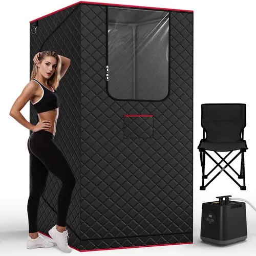 TEHANLD Upgraded Safety Portable Steam Sauna Tent for Home - 3L/1200W Steamer, XL Foldable, Remote Control, 99-Min Timer, 15 Power Levels, 2.6'x2.6'x5.9' Self Care Product Great for Home Unwinding After Work, Jet Black, Self Care Products, Chair