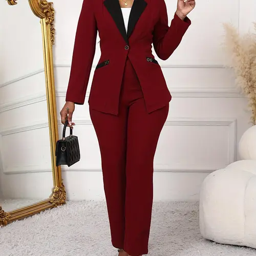 Two-piece Set Women's Colorblock Lapel Neck Pocket Button Blazer & Pants Suits, Elegant Fashion Two Piece Outfits for Work Office Business, Ladies Clothes for All Seasons