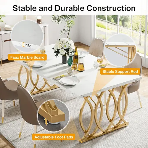 Tribesigns Modern Dining Table for 4-6 People, 63" Large Rectangular Kitchen Table with Faux Marble Tabletop and Gold Geometric Legs living room