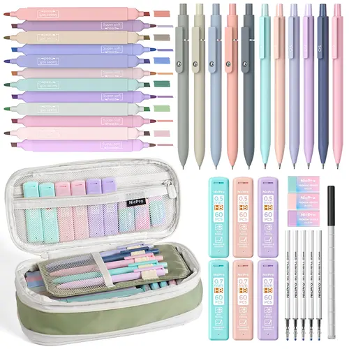 Nicpro Stationary Set, Cute Office & School Supplies with Big Capacity Pencil Pouch, 6 Pastel 0.5-0.7mm Smooth-Writing Mechanical Pencils & Markers for Students,back to school,back to school shopping,back to school,back to school haul