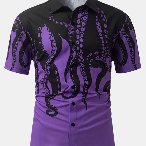 Men's Octopus Print Button Front Shirt, Regular Fit Casual Printed Button Collared Short Sleeve Top for Summer, Summer Shirts, Fashion Men's Clothes for Daily Wear Button Up Tops