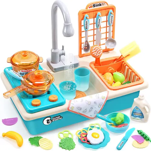 Cute Stone Pretend Play Kitchen Sink Toy - Upgraded Electric Running Water Faucet, BPA-Free Child-Sized Food Toys, Screen-Free Play Kitchen Accessories, Ages 6-8 Learning Set (Requires Batteries)