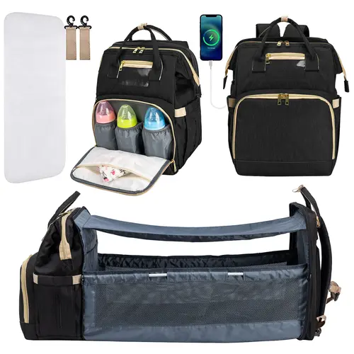 Kabaqoo Oxford Diaper Bag Backpack, Large Waterproof Zipper Bag with USB Port, Wide Straps, Elastic Bottle Pocket & 15 Function Pockets for Newborn Moms (Baby Travel Gear)