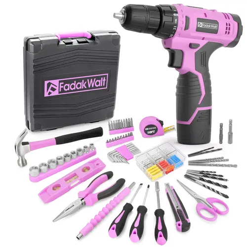 FADAKWALT 12V Pink Cordless Drill Set - 118PCS Electric Drill Driver Kit with Motor, 180 in-lbs Torque, LED Light, Rubber Grip, Batteries, DIY Projects Tool for Wood/Metal/Plastic, Cord-Free Work, Women's Gift