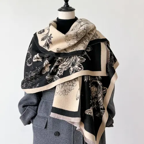 Butterfly & Floral Print Tassel Decor Scarf, Floral Pattern Shawl, Casual Soft Warm Shawl for Fall & Winter, Fashion Accessories for Women & Men Scarf for Women, Scarf for Winter, Mother's Day Gift, Boho Style Shawl, Blanket Scarf, Fashion Shawl Wrap