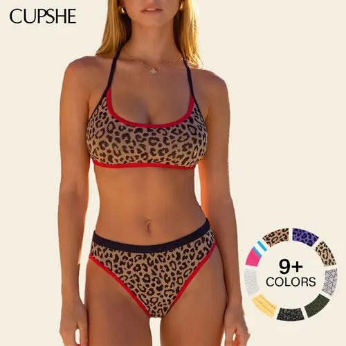 Cupshe Women's Ribbed Bandeau Bikini Set, High-Cut & High Rise Cheeky 2 Piece Swimsuit with Contrast Piping, Ribbing, Two Piece Set #summerfinds