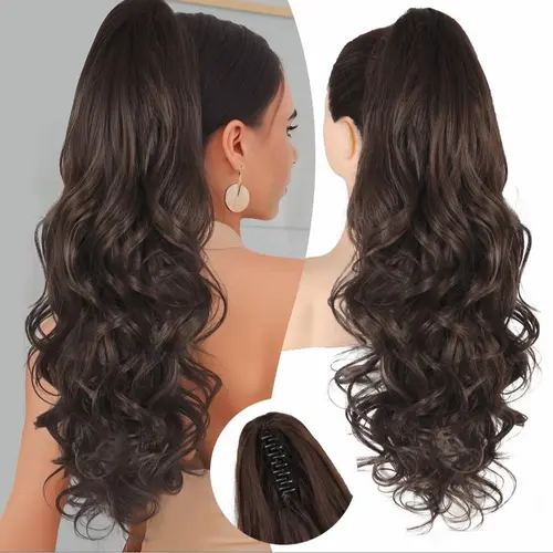 [Kookastyle] Ponytail Extension 24" Long Curly Wavy Claw Clip in Ponytail Hair Extensions, Jaw Clip on Pony Tails Fluffy Hairpiece for Women Daily Party Use-springtok