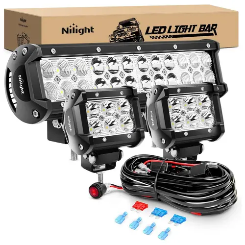 Nilight LED Car Lights Vehicle Accessories Kit - 12-in 72W Spot Combo Lightbar, 2 PCS 4-in 18W Flood Fog Lights, Off-Road 2-Lead Wiring Harness, High-Output Tailgate Strip, Father's Day Gift,car accessories