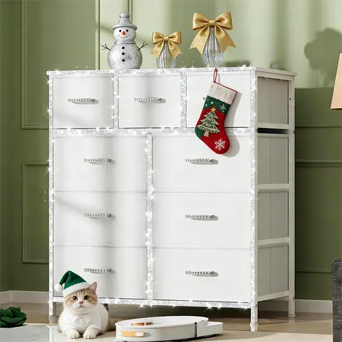 【Diamond Drawer】Mr IRONSTONE 9 Drawers Dresser for Bedroom, Storage Drawers, Fabric Storage Tower with 9 Drawers, Chest of Drawers with Steel Frame, Drawer Organizer, Wood Top for Nursery, Living Room, Closet
