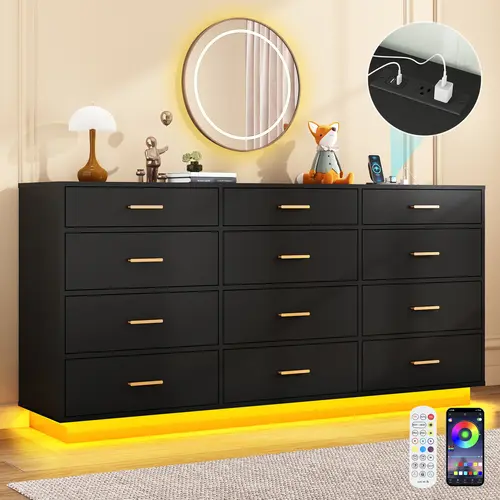 12 Drawers Dresser w/Power Outlet,60000-Colors Lights,Dresser Chest for Bedroom,Wooden Tall Large Capacity Clothing Storage Cabinet for Living Room,Entryway,Hallway (Black /White )